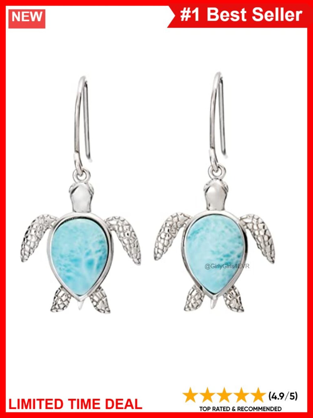 Sterling Silver Larimar Turtle Dangle Earrings French Wire Drop